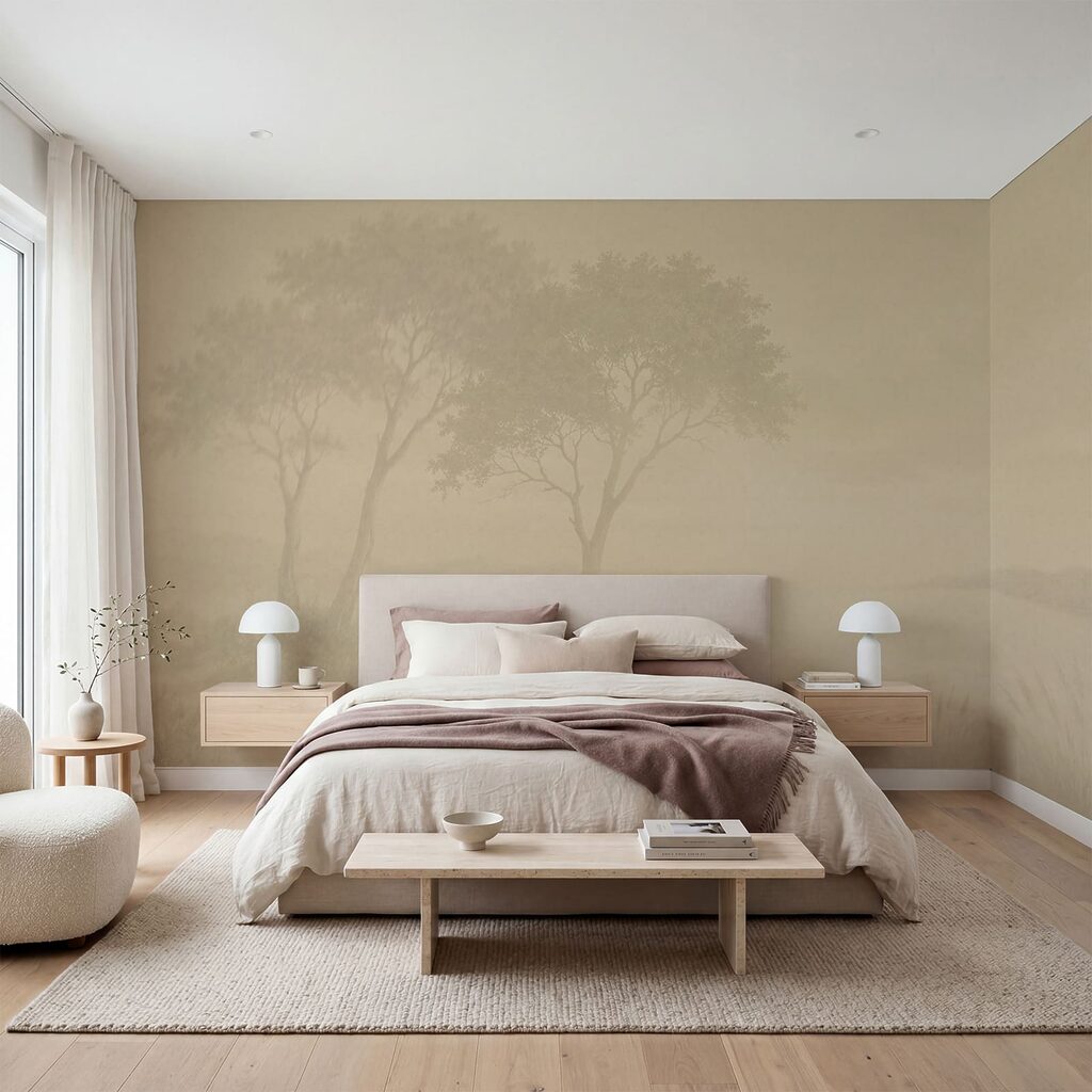 Morgennebel zwischen fernen Bäumen in einem Interieur
