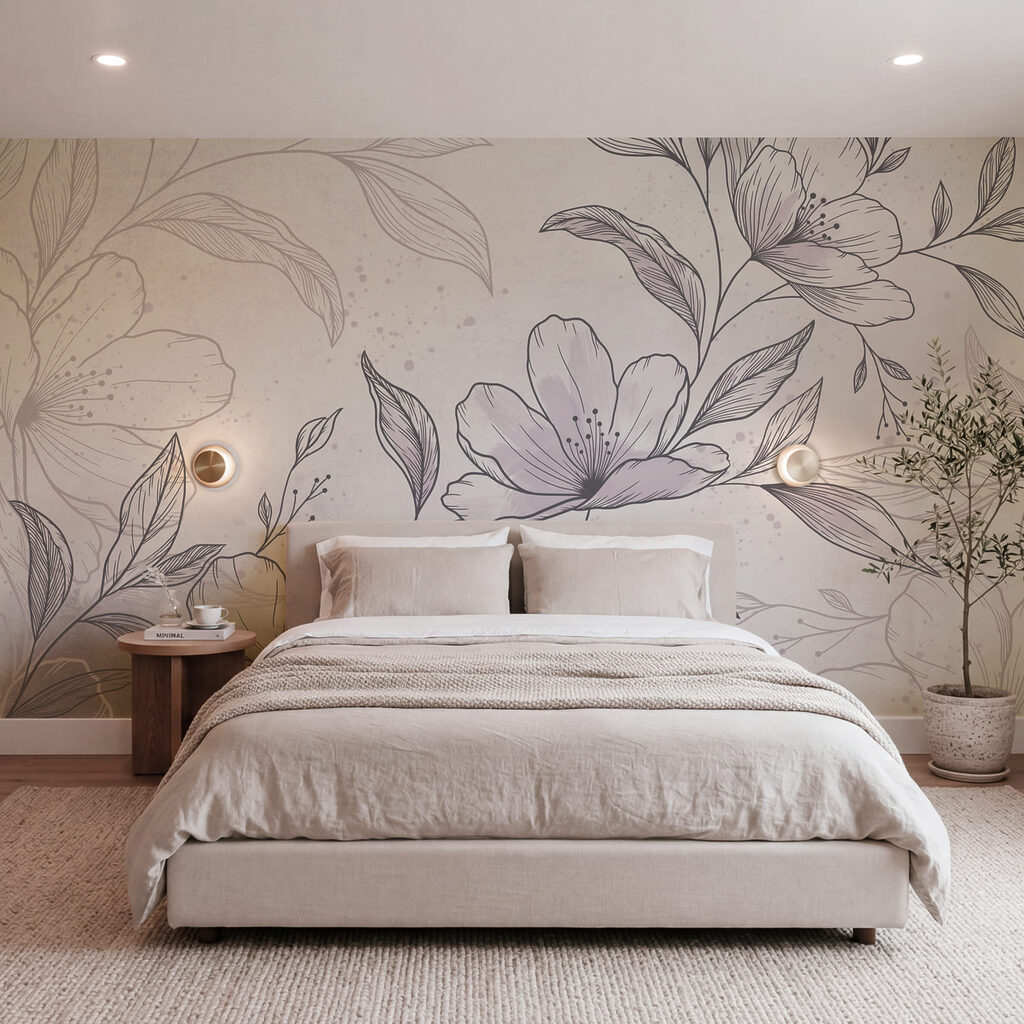 Blütenzweig in feiner Schraffur in einem Interieur