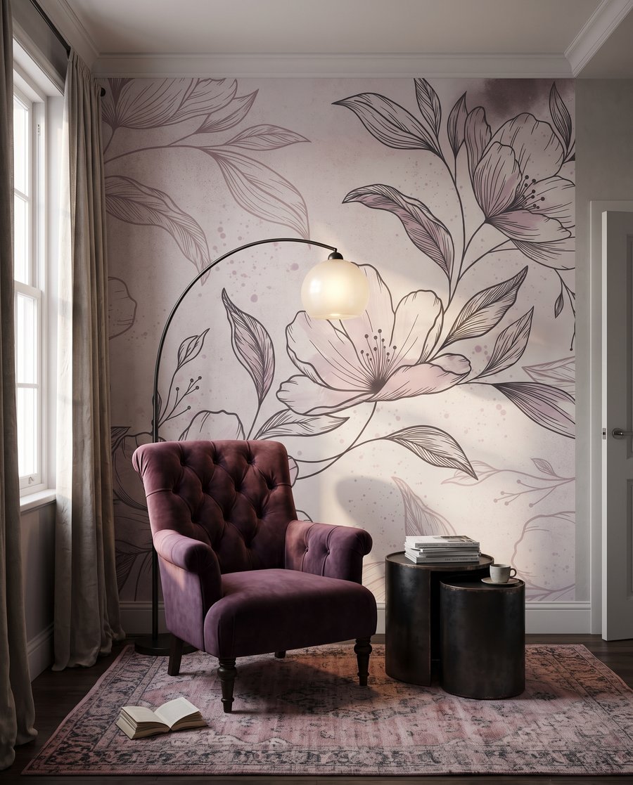 Blütenzweig in feiner Schraffur in einem Interieur