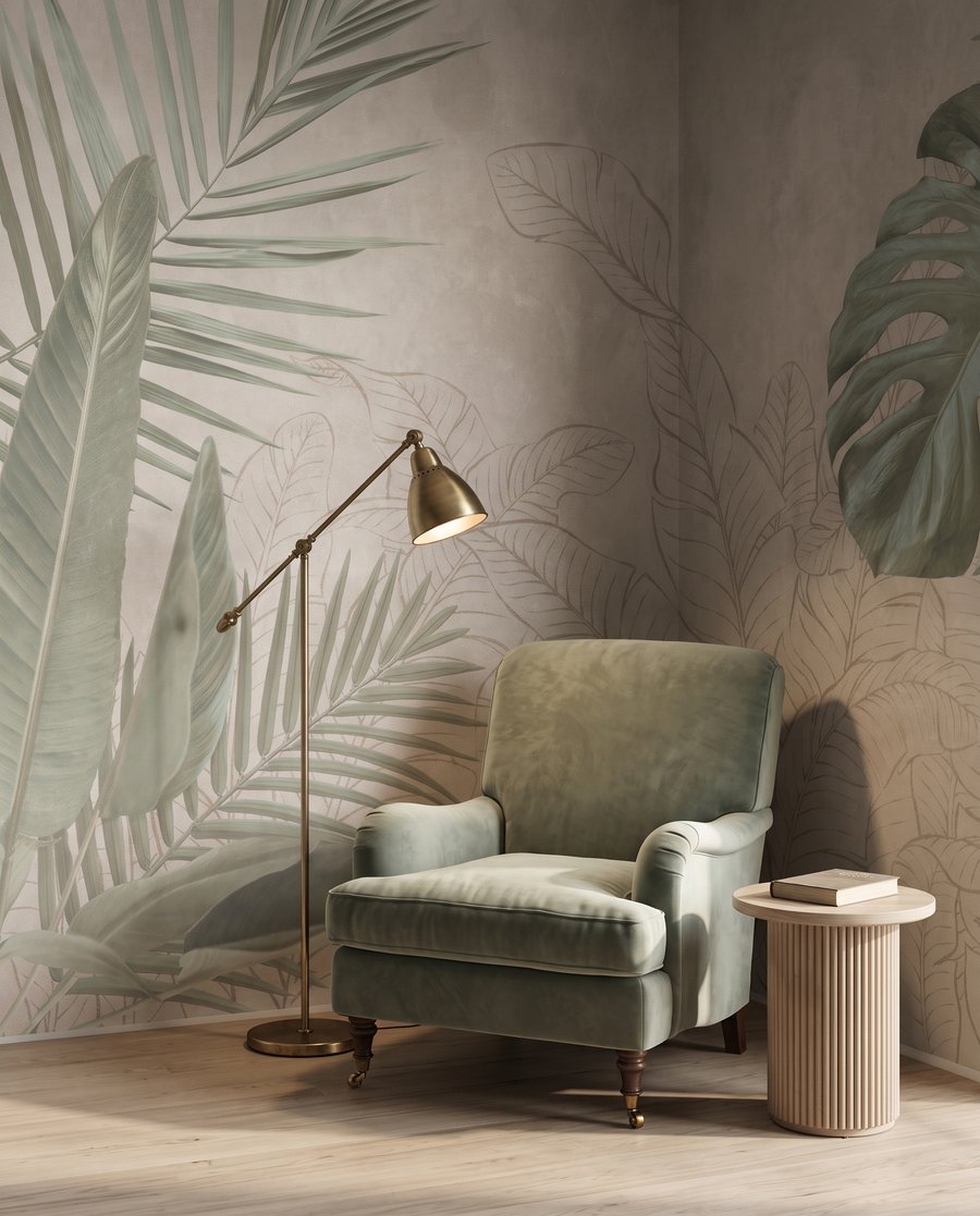 Tropische Blätter als Skizze in einem Interieur