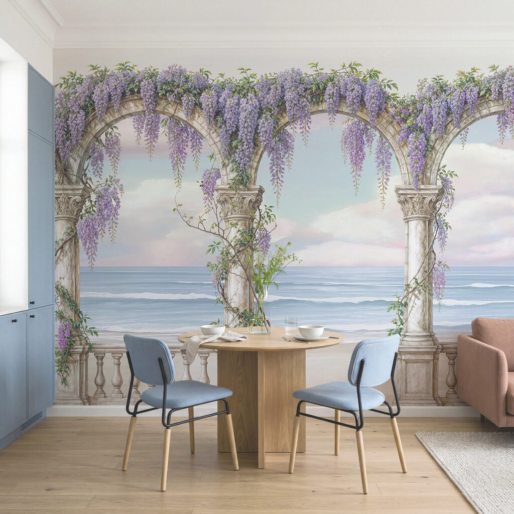 Blütenbögen zum Meer in einem Interieur