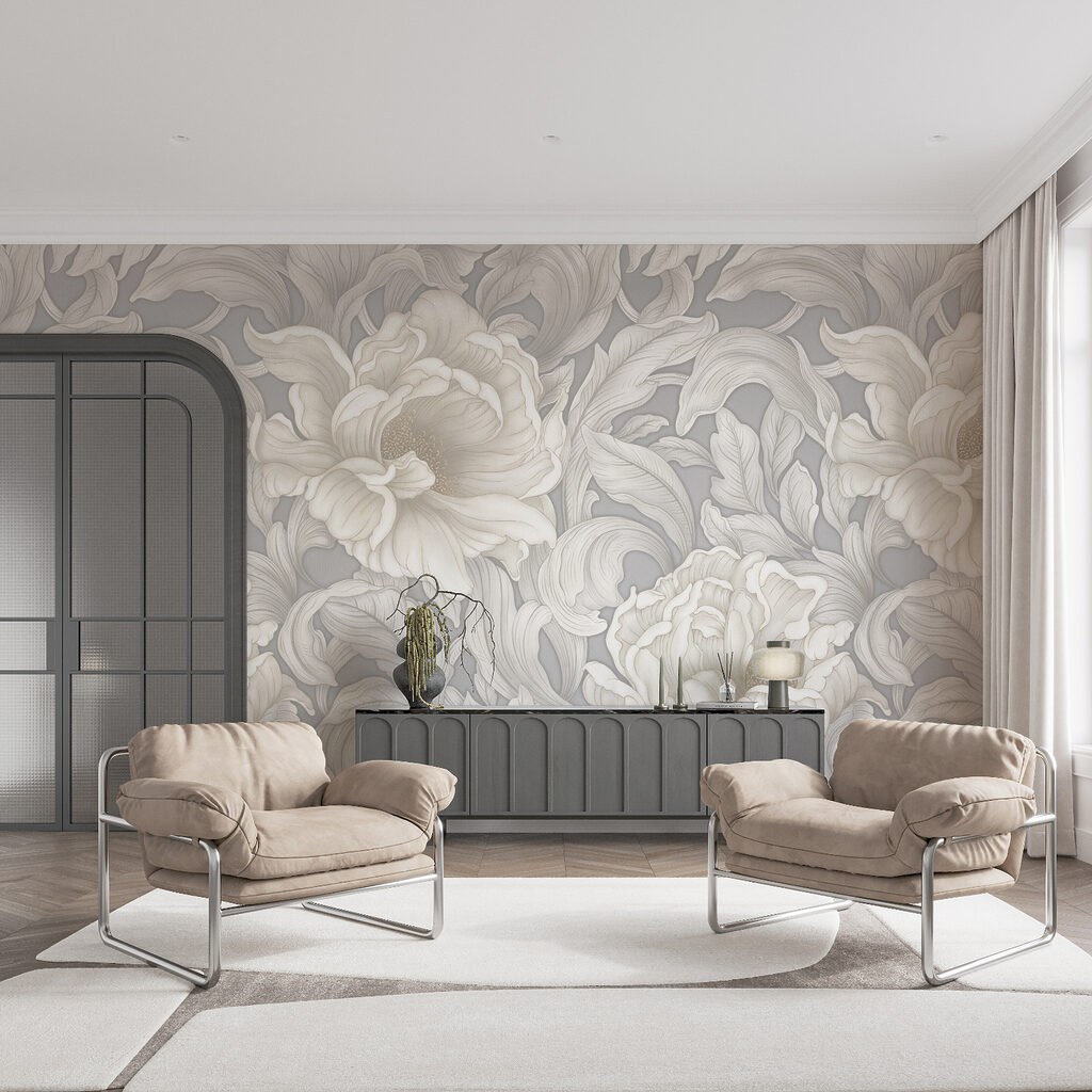 Weiße Blüten als Ornament in einem Interieur
