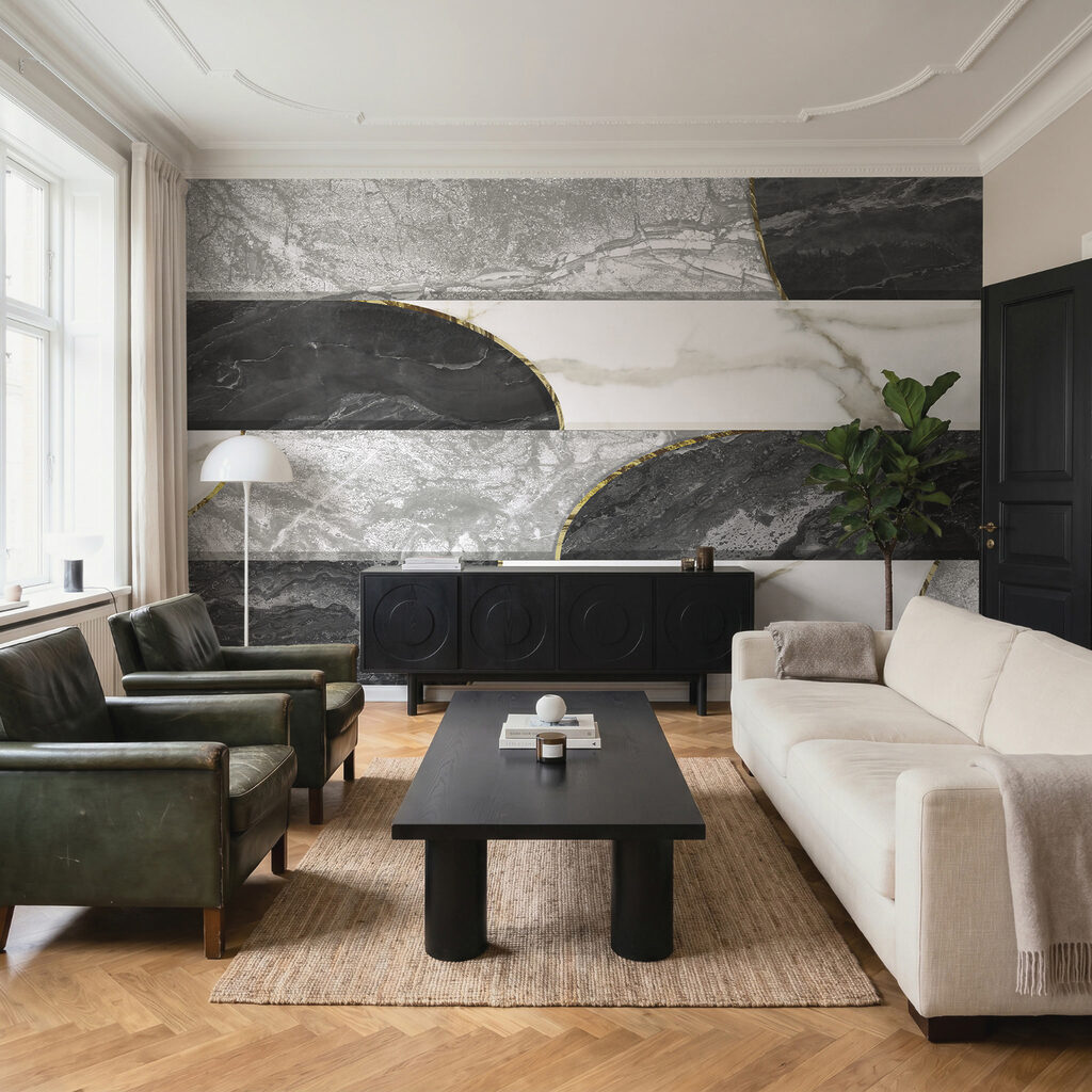 Lange Bahnen in Marmoroptik in einem Interieur