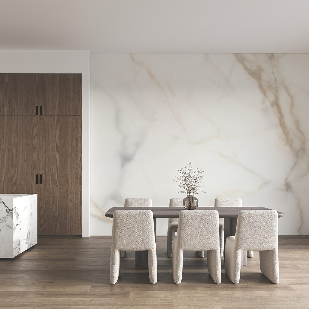 Helle Flächen, warme Adern in einem Interieur
