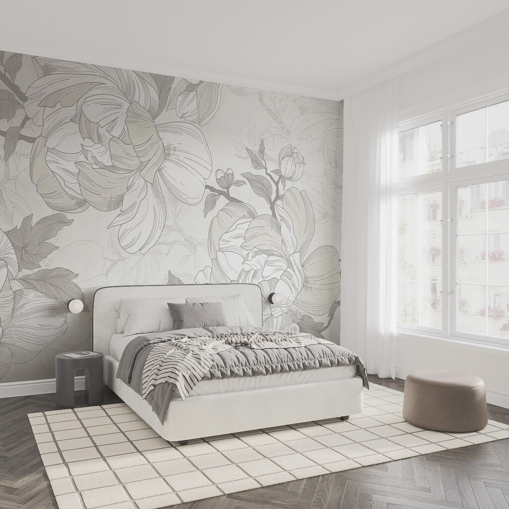Blüten in Bleistiftlinien in einem Interieur