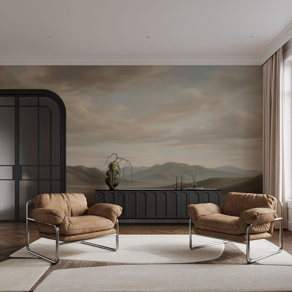 Ferne Berge unter Abendwolken in einem Interieur