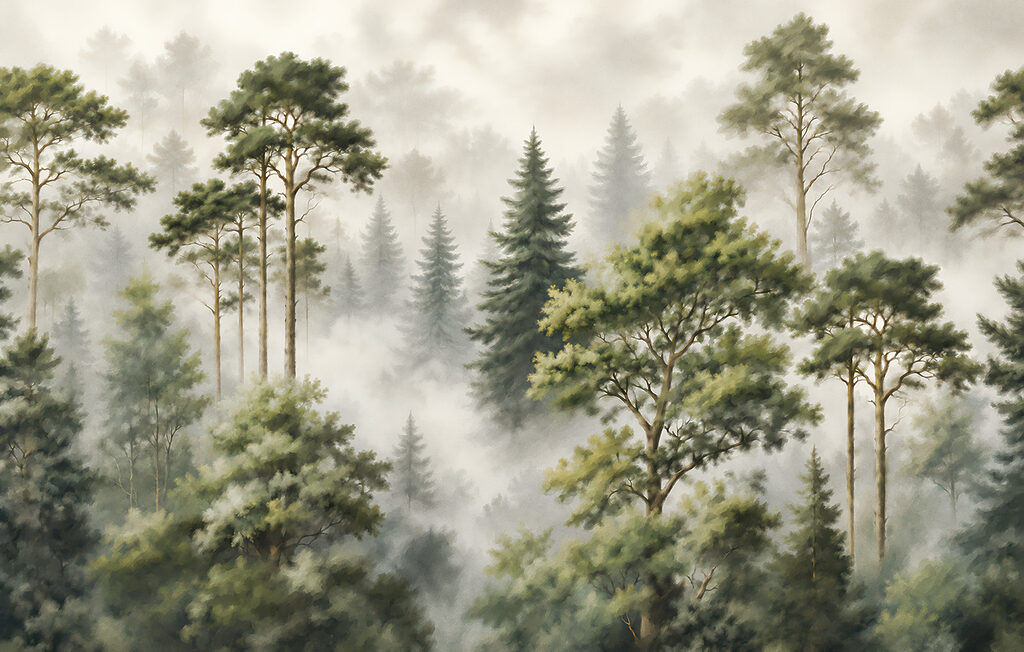 Wald im zarten Nebel — ganzes Design