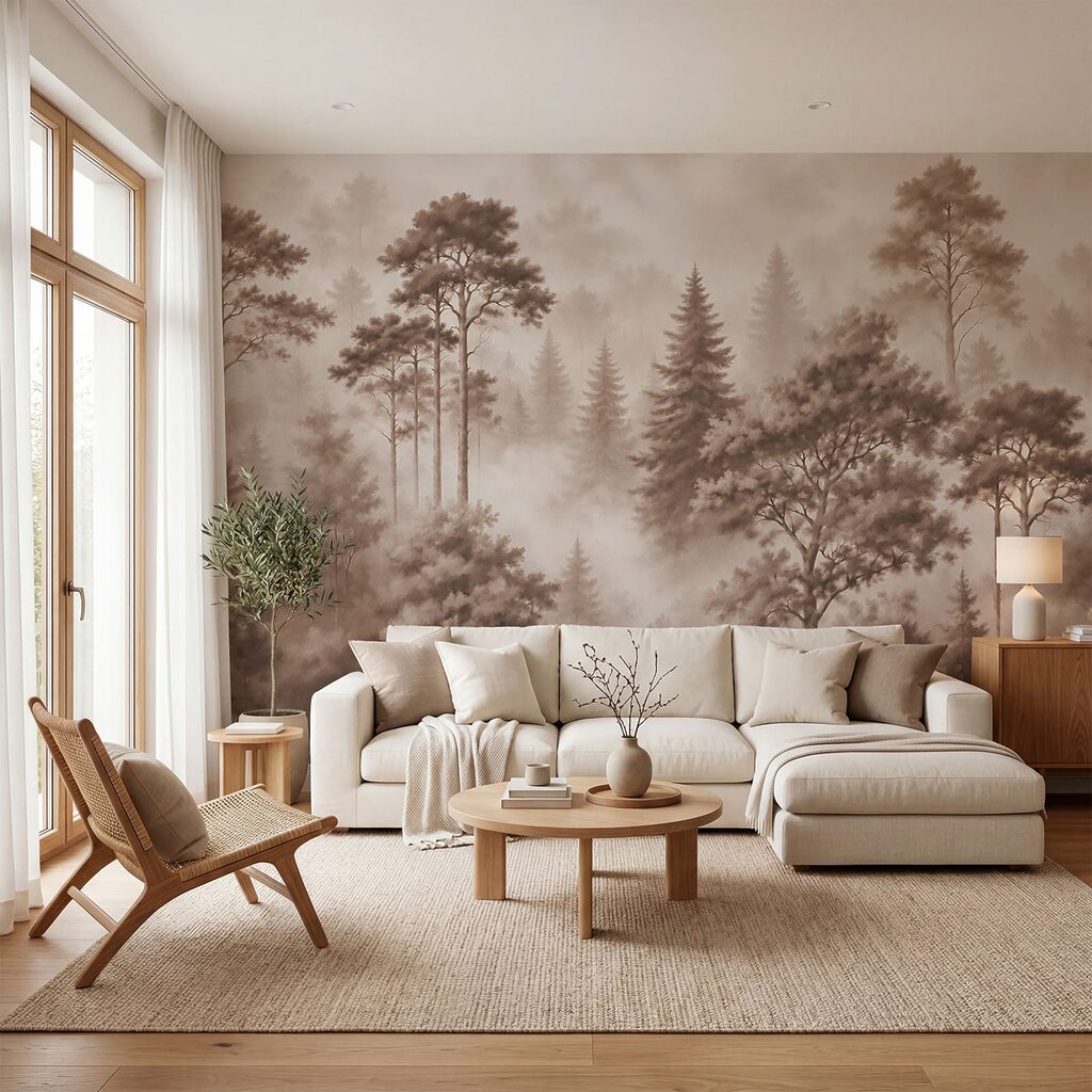 Wald im zarten Nebel in einem Interieur