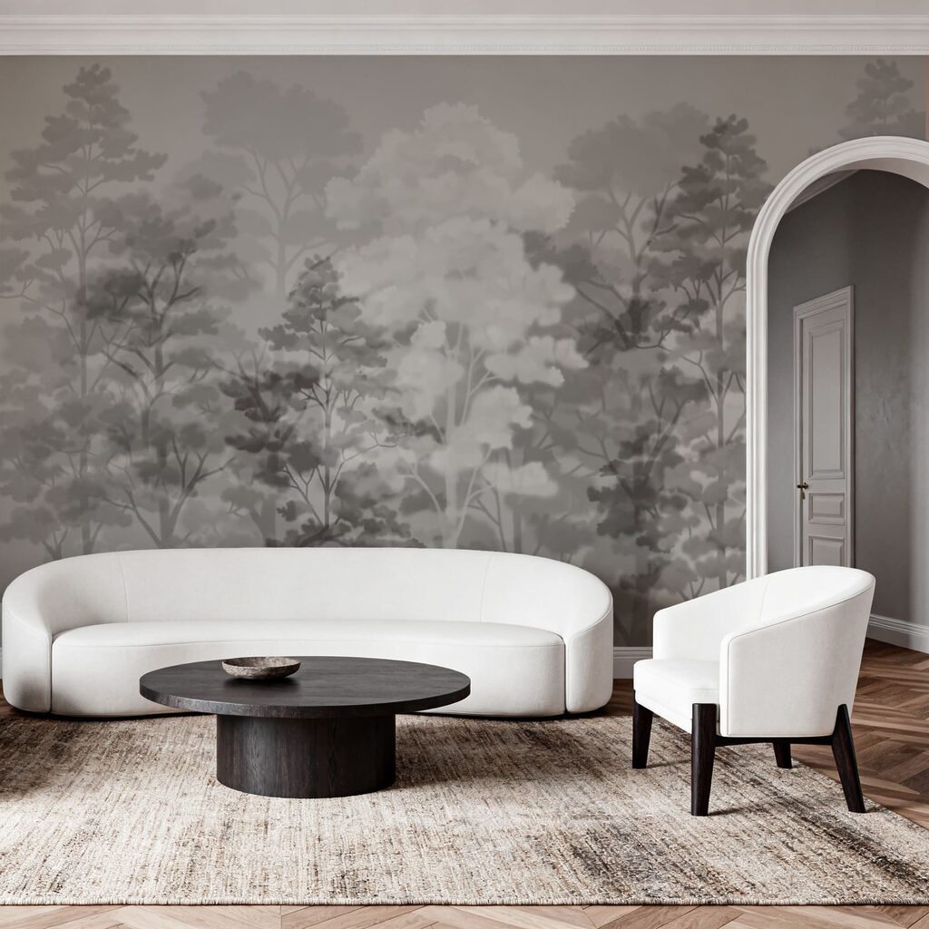 Bäume in sanften Farbwolken in einem Interieur