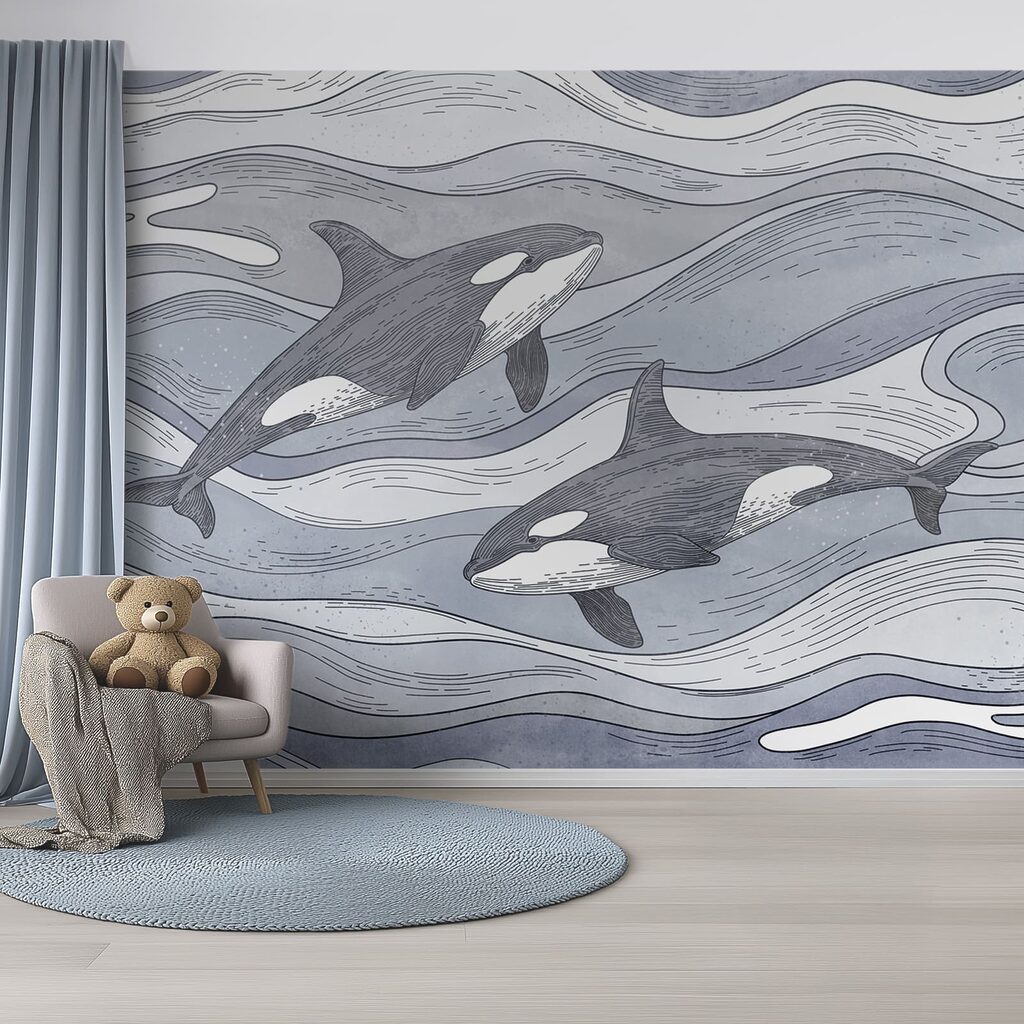 Orcas in gezeichneten Wellen in einem Interieur