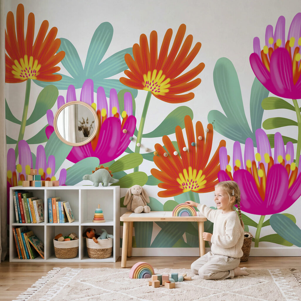 Feld leuchtender Blumen in einem Interieur