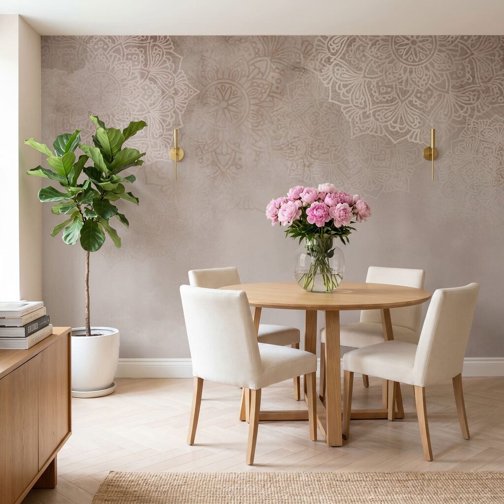 Spitzenmotive über einem Farbschleier in einem Interieur