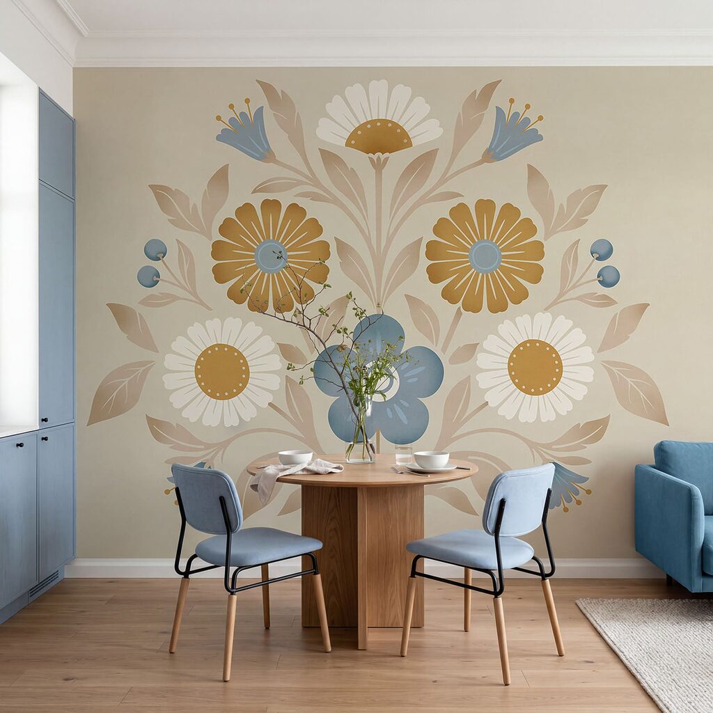 Blüten im runden Ornament in einem Interieur