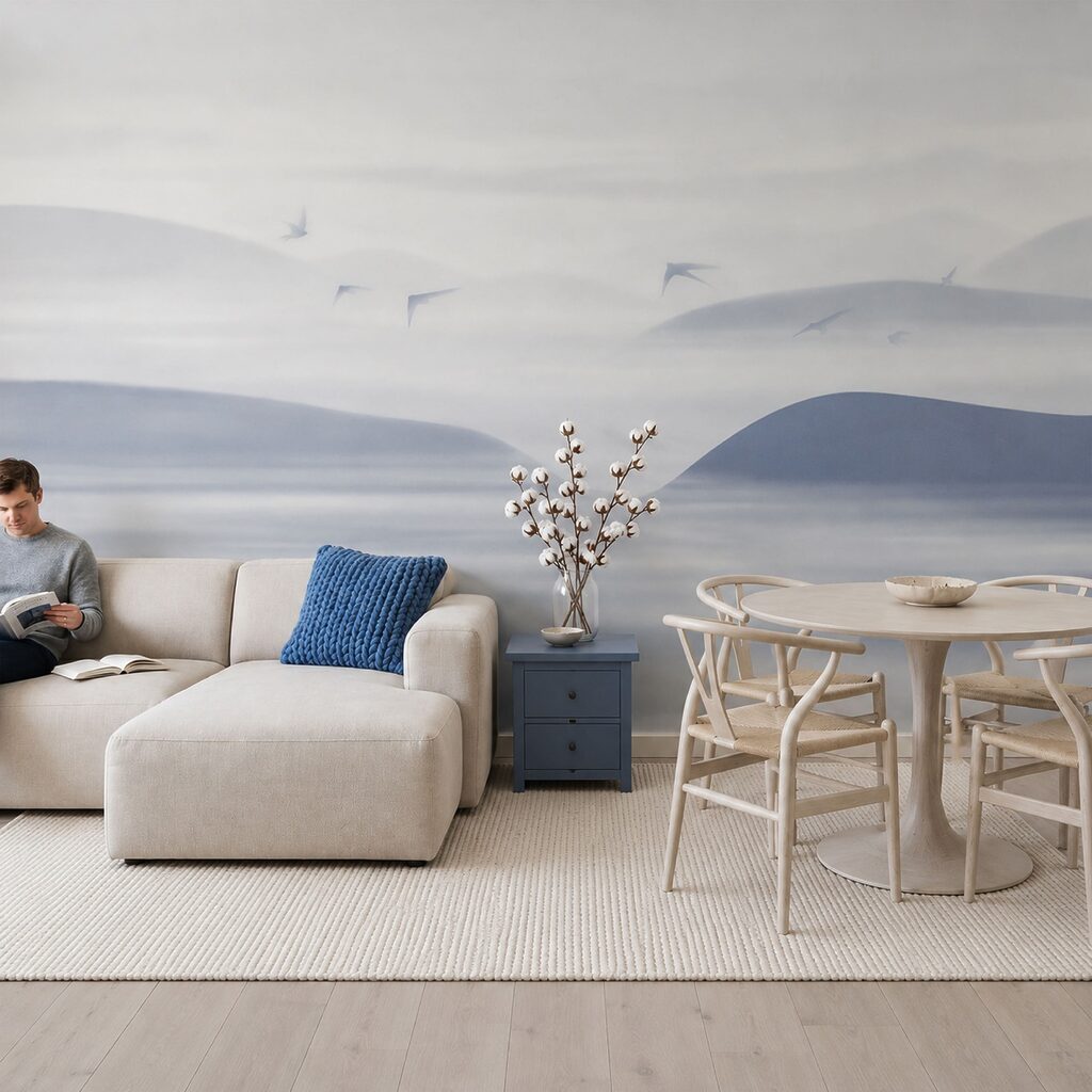 Vögel über stillen Dünen in einem Interieur