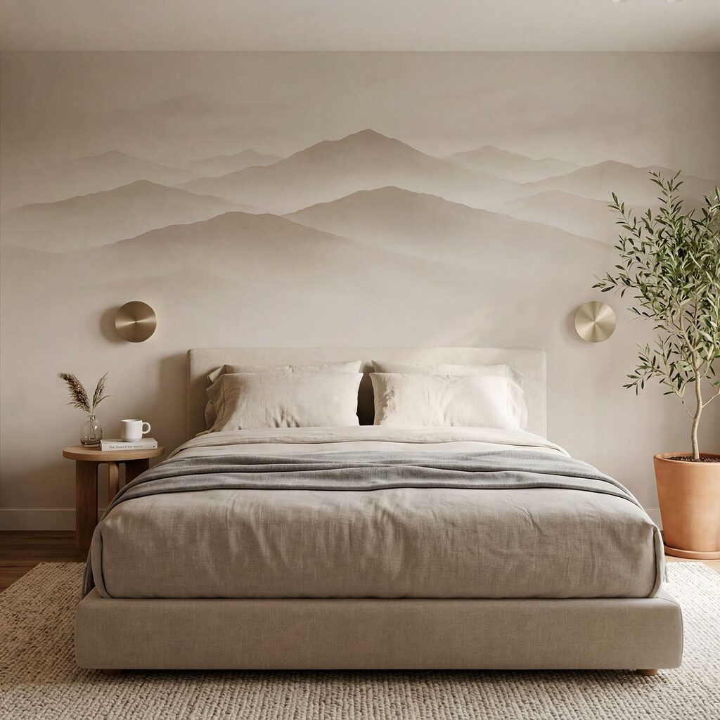 Ferne Bergrücken, weite Leere in einem Interieur