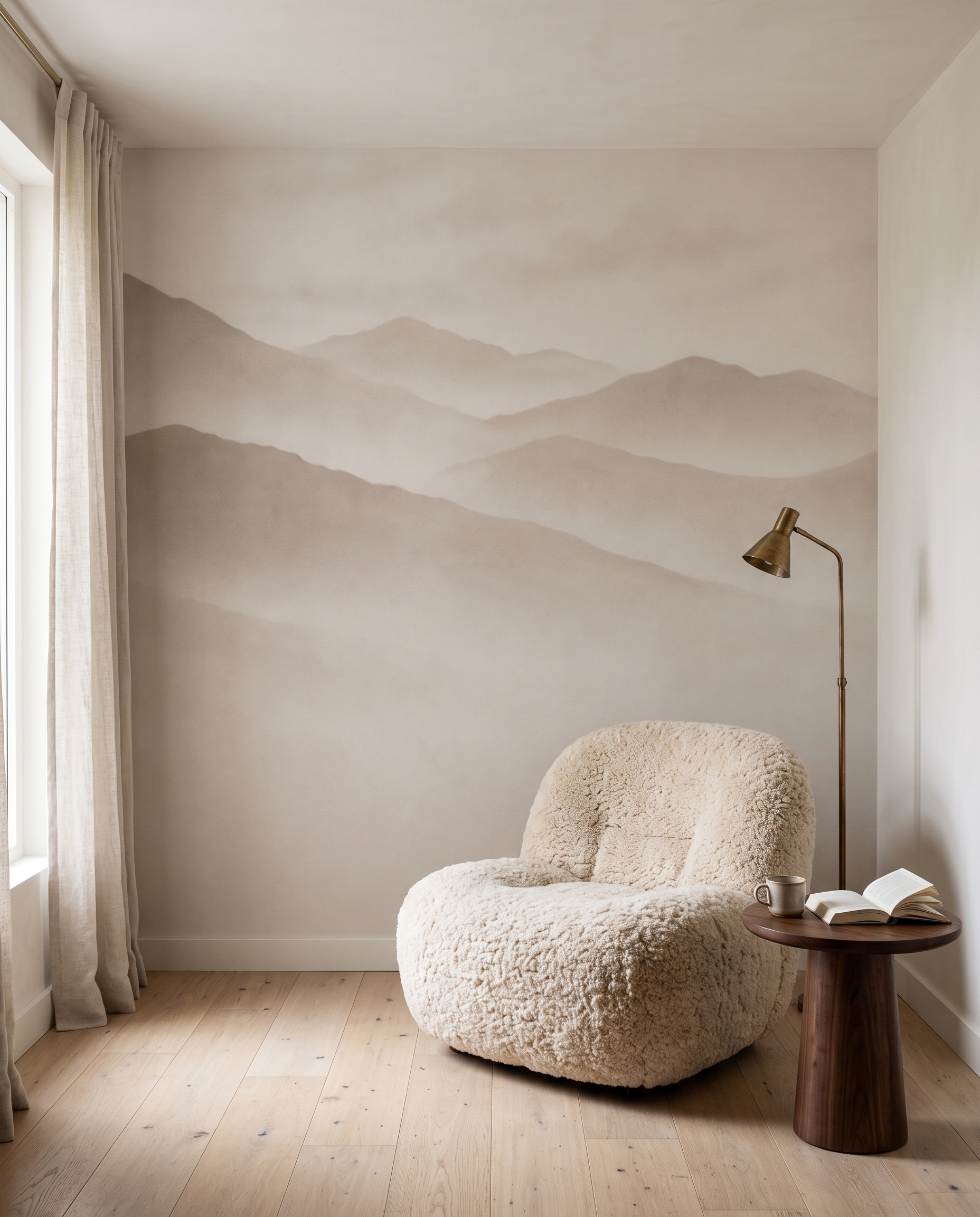 Ferne Bergrücken, weite Leere in einem Interieur
