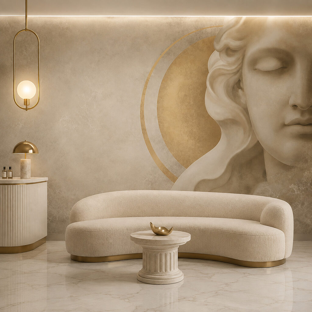 Klassisches Gesicht, goldener Kreis in einem Interieur