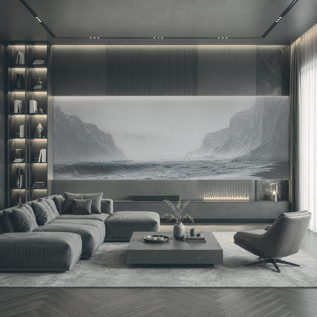 Wellen zwischen steilen Küsten in einem Interieur