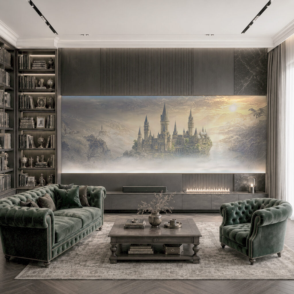 Schloss über dem Nebel in einem Interieur
