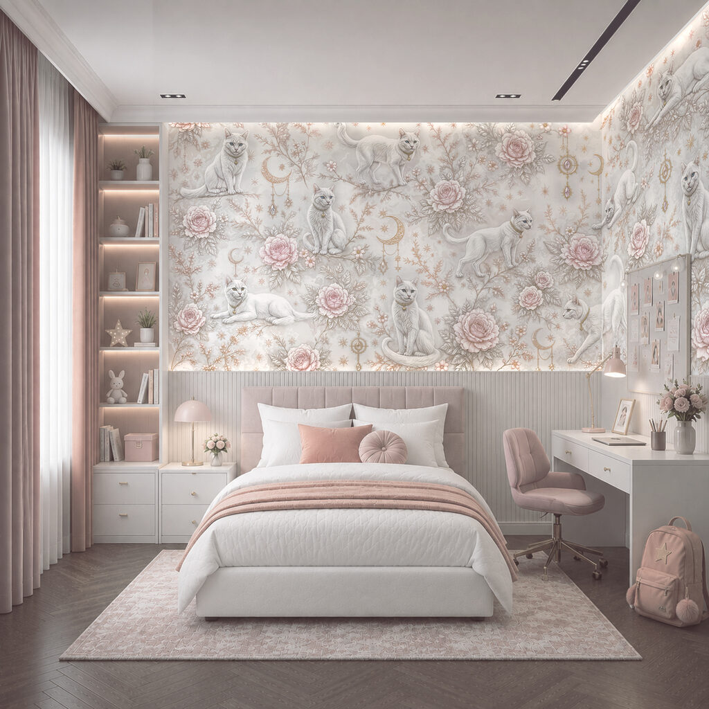 Weiße Katzen zwischen Rosen in einem Interieur
