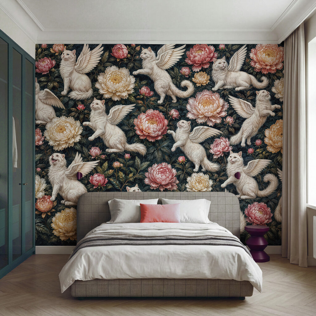 Geflügelte Katzen in Nachtblüte in einem Interieur