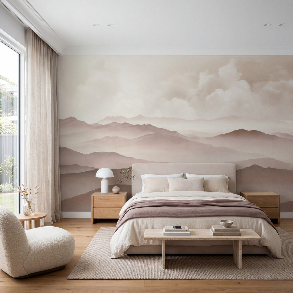 Bergrücken unter sanften Wolken in einem Interieur