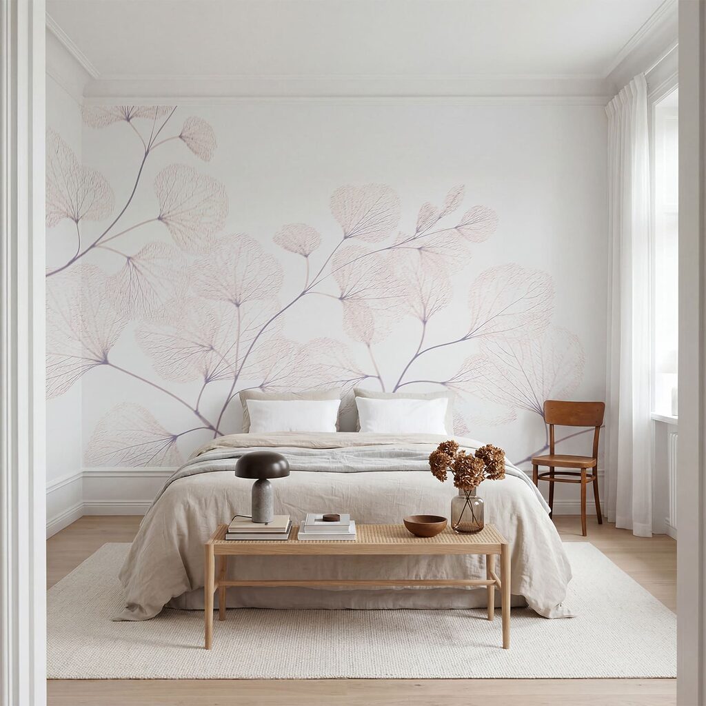 Fast weiße Blattzweige in einem Interieur