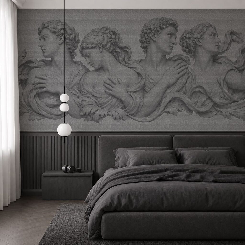 Klassische Figuren, fein schraffiert in einem Interieur