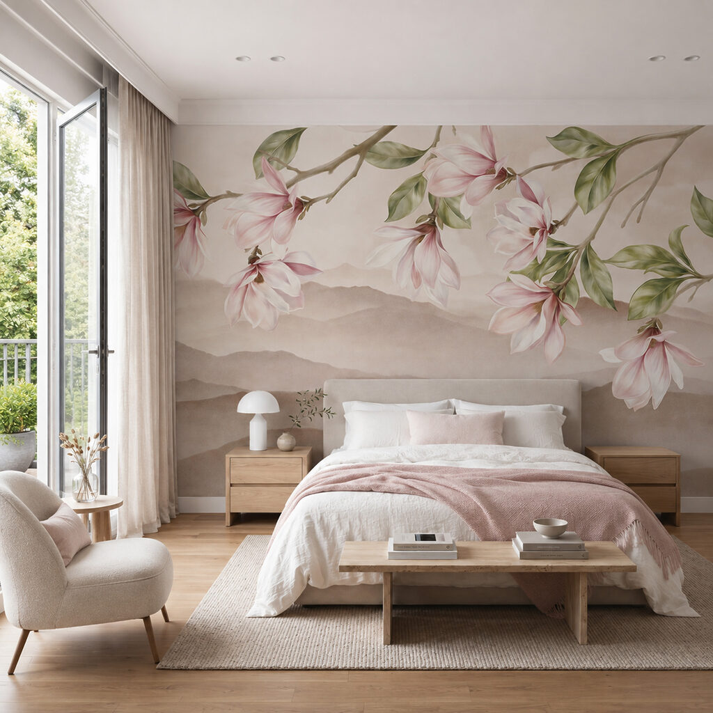 Blüten über fernen Hügeln in einem Interieur
