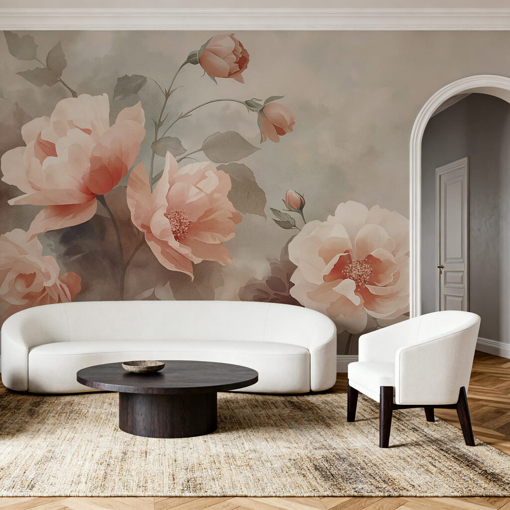 Blumen in gedämpften Pinselstrichen in einem Interieur