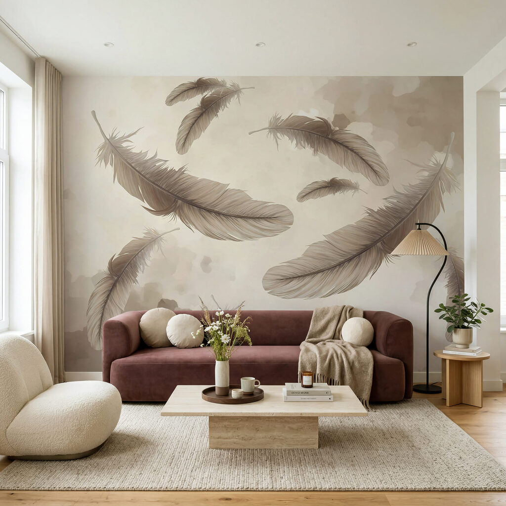 Federn zwischen Farbwolken in einem Interieur