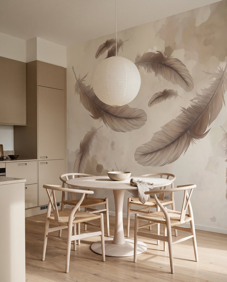 Federn zwischen Farbwolken in einem Interieur