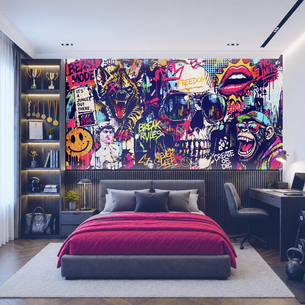 Schädel in knalligem Graffiti in einem Interieur