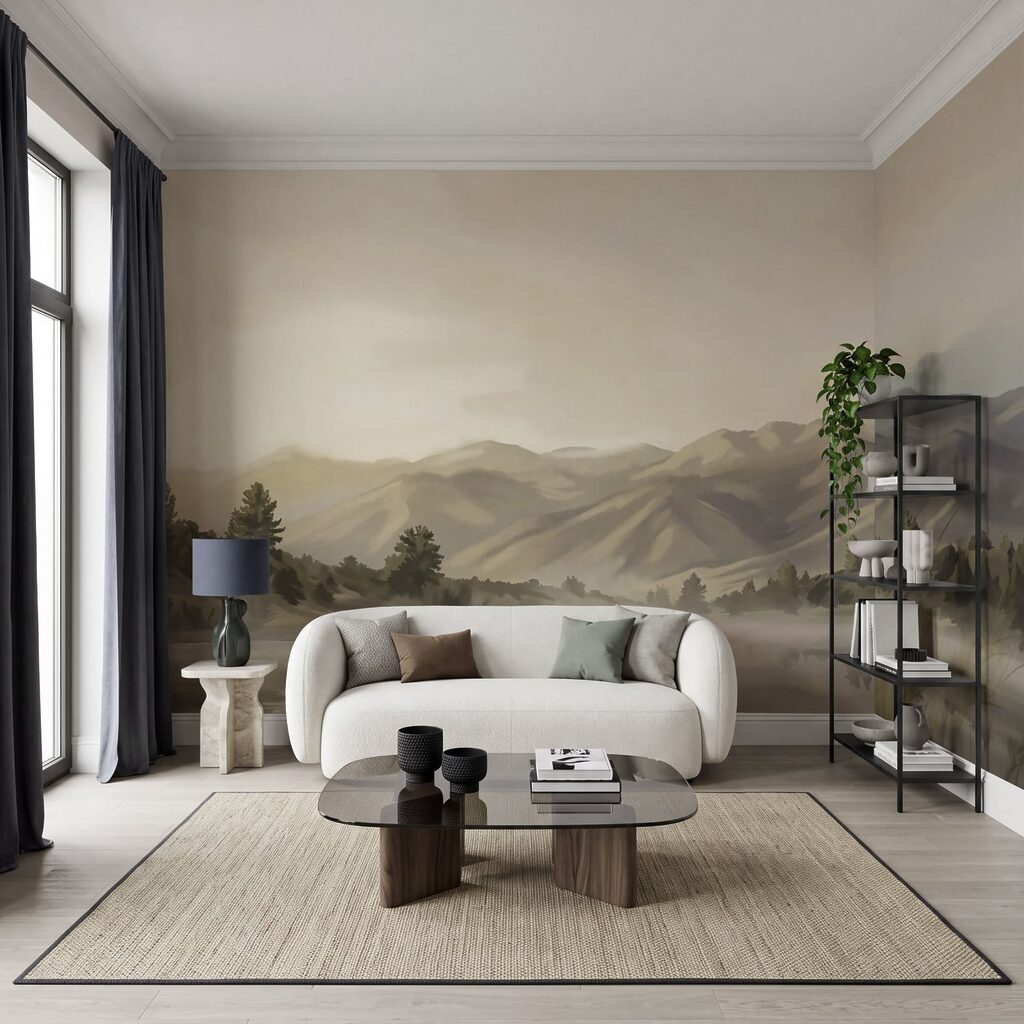 Gespiegelte Berge am Morgen in einem Interieur
