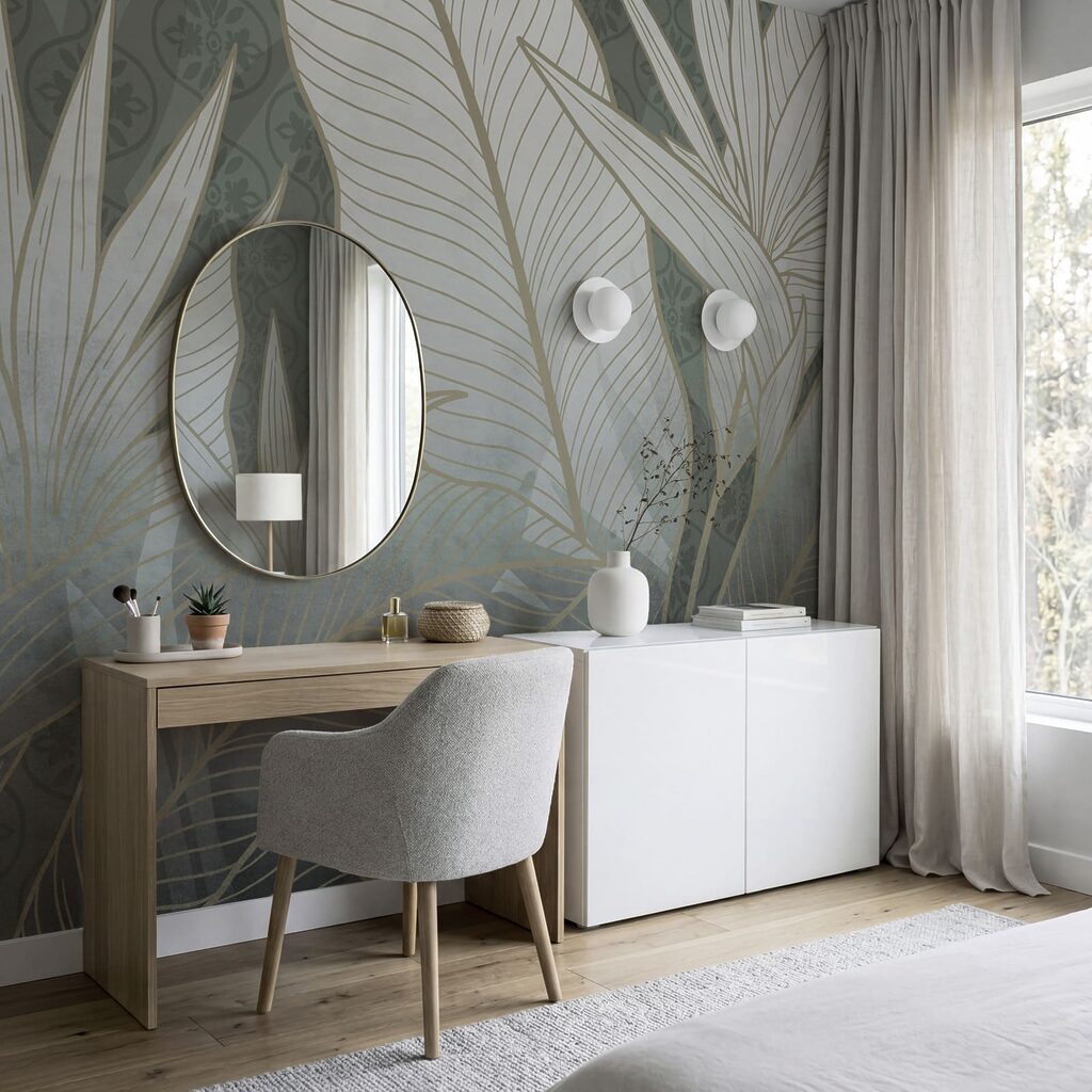 Tropenblätter mit feinen Adern in einem Interieur