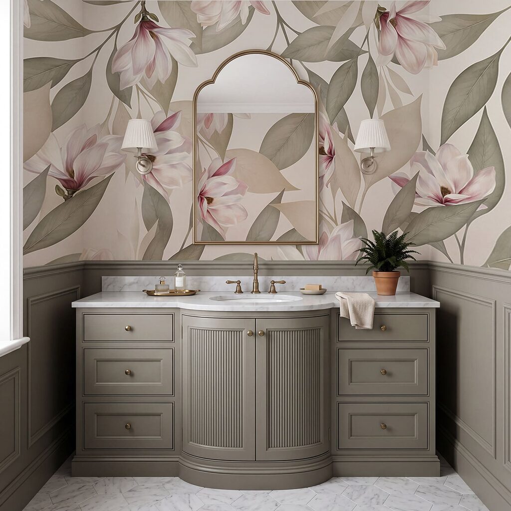 Rosa Blüten, gewundene Zweige in einem Interieur