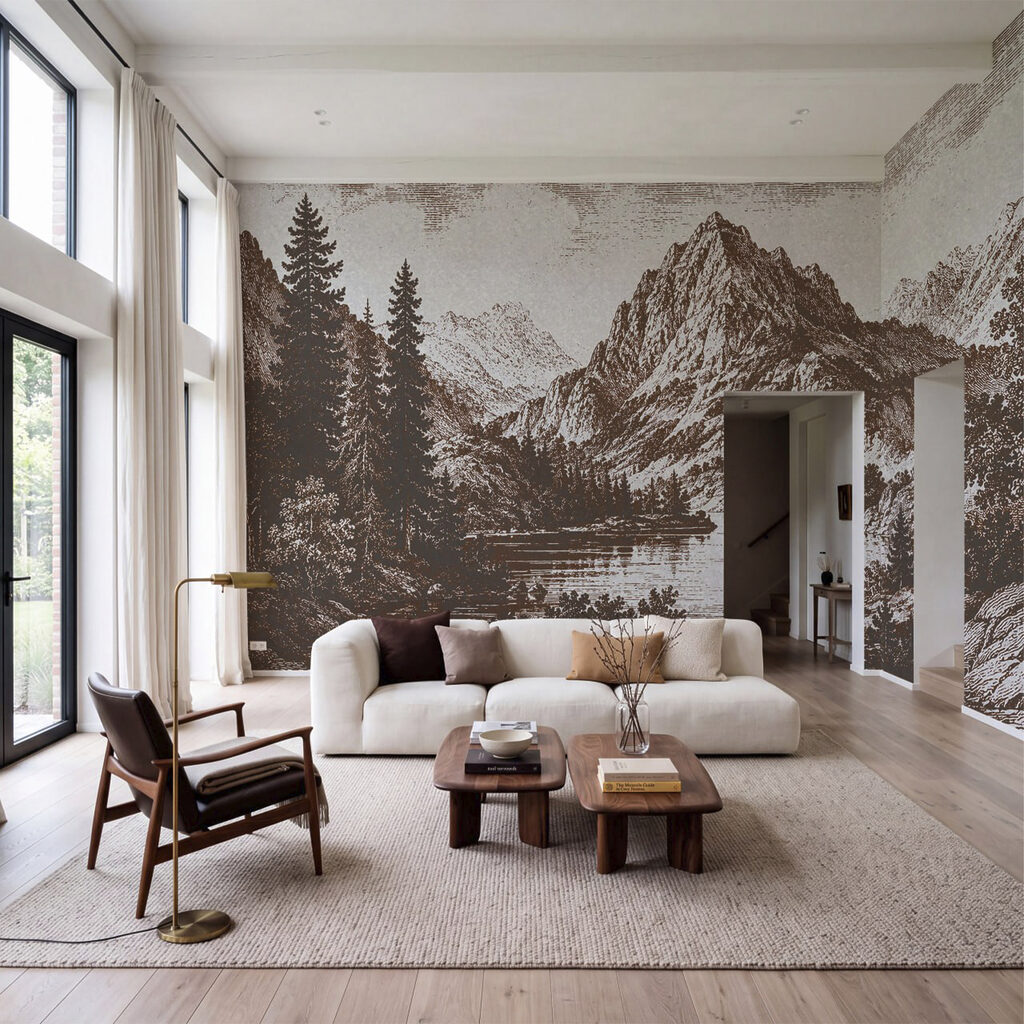 Bergsee in feiner Schraffur in einem Interieur