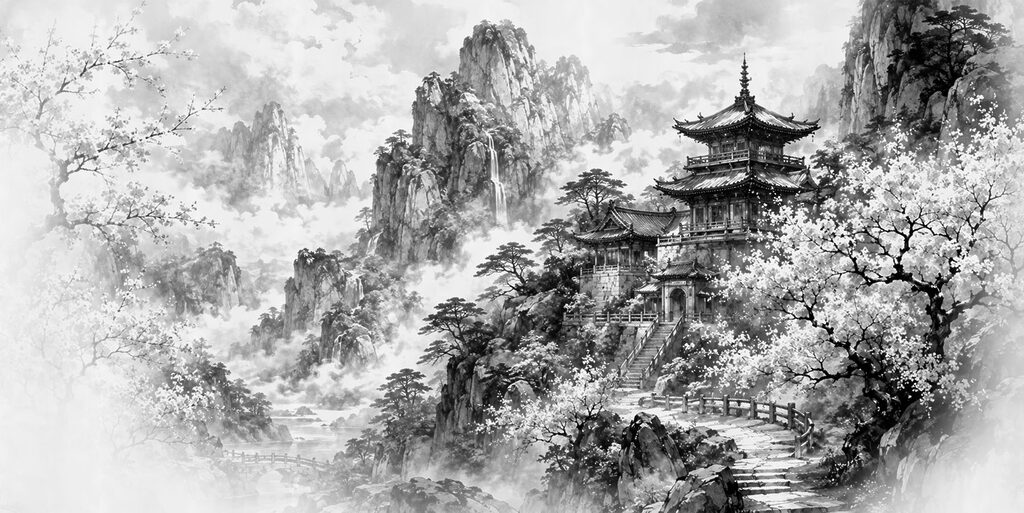 Pagoden zwischen hohen Felsen — ganzes Design