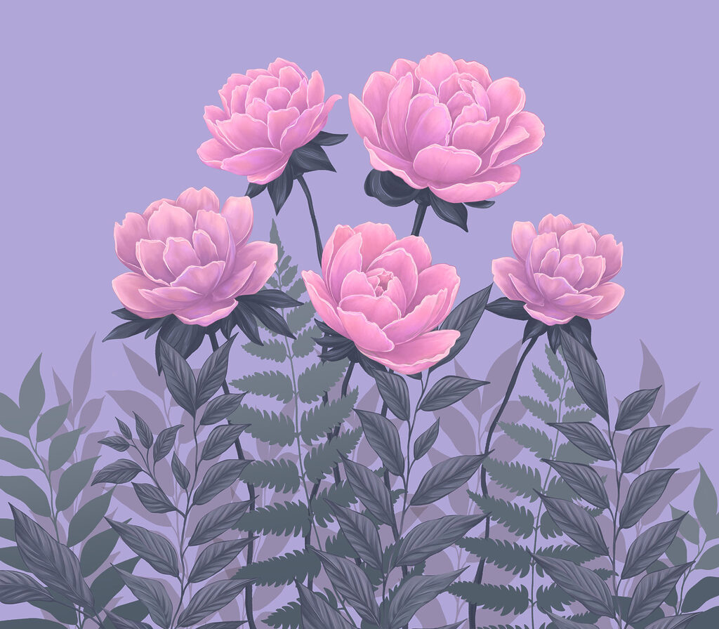 Rosa Blüten auf Lila — ganzes Design