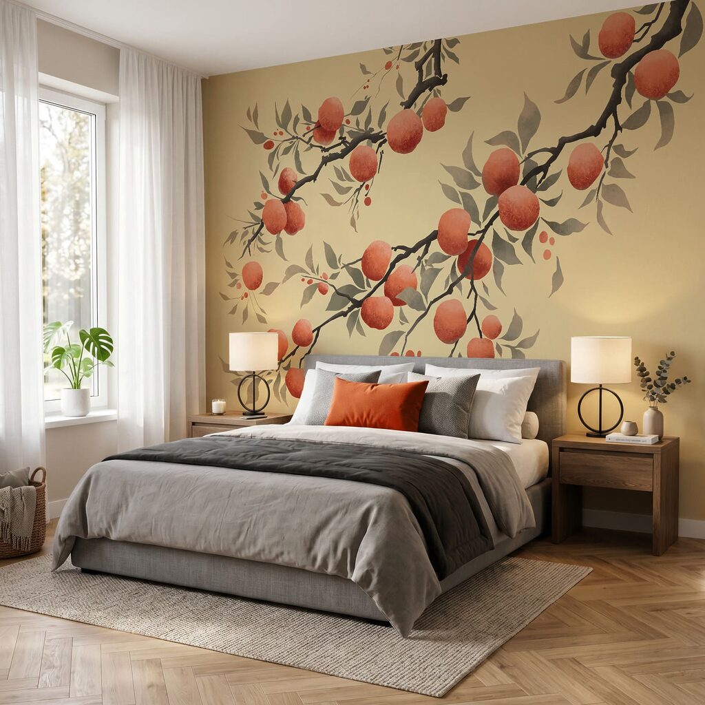 Orangen an gebogenen Zweigen in einem Interieur
