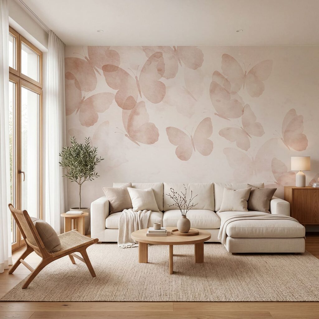 Schmetterlinge und Farbwolken in einem Interieur