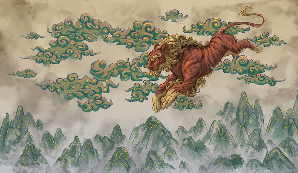 Tiger auf gemalten Wolken — ganzes Design
