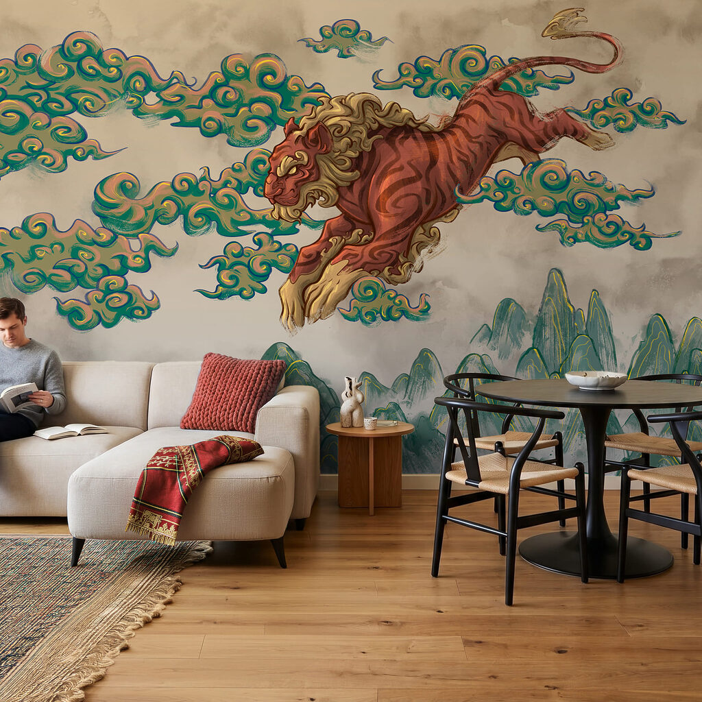 Tiger auf gemalten Wolken in einem Interieur