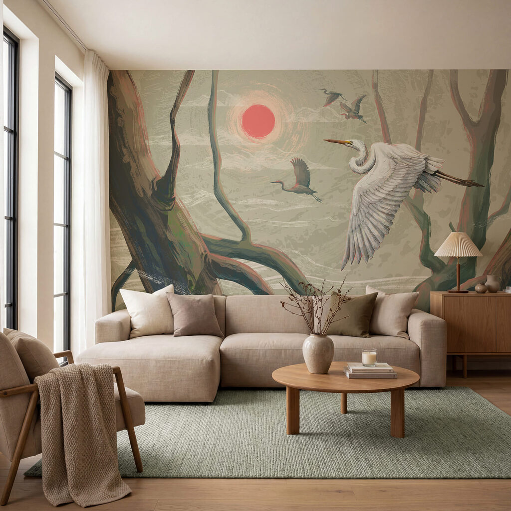 Flügel zwischen hohen Stämmen in einem Interieur