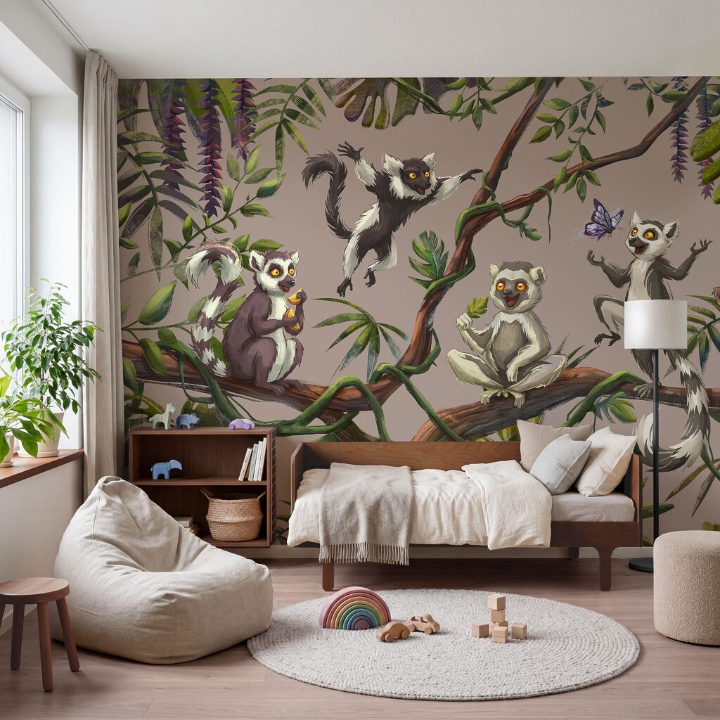 Lemuren mit verspieltem Blick in einem Interieur