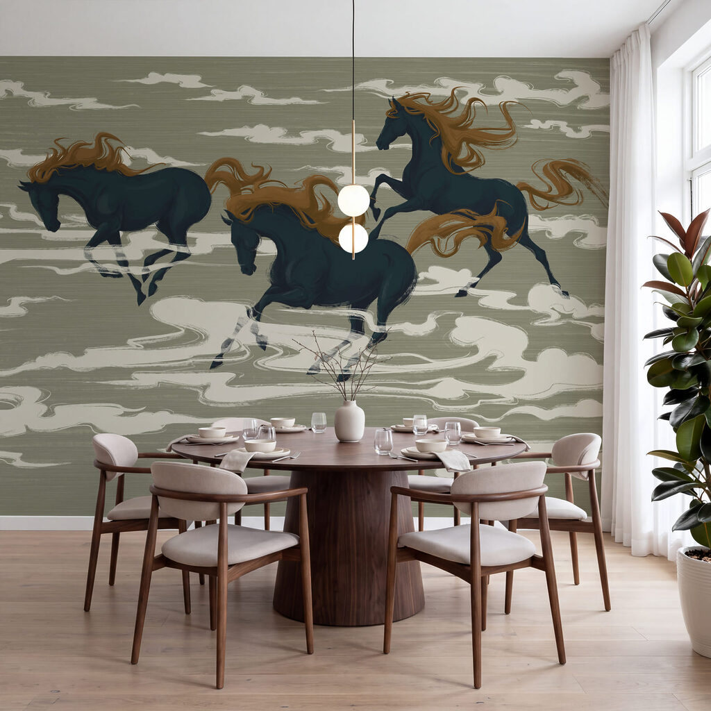 Pferde zwischen stilisierten Wolken in einem Interieur