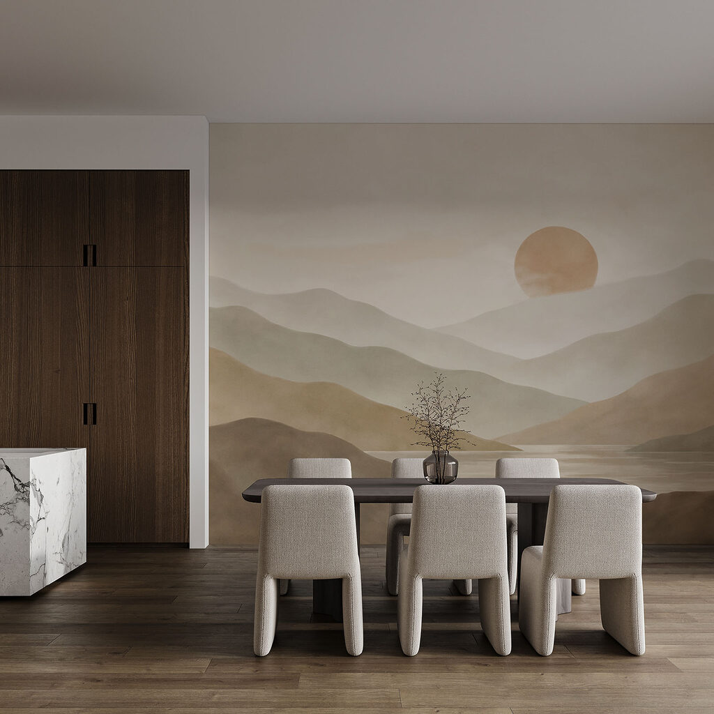 Sonne zwischen sanften Bergrücken in einem Interieur