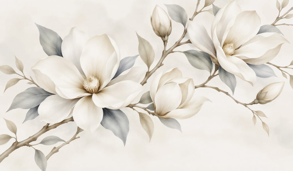 Weiße Blüten an Zweigen — ganzes Design