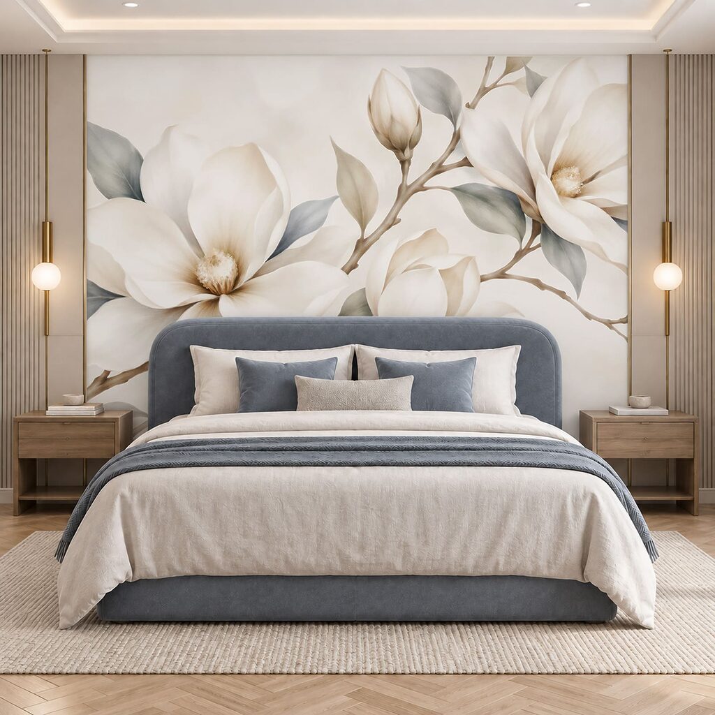 Weiße Blüten an Zweigen in einem Interieur