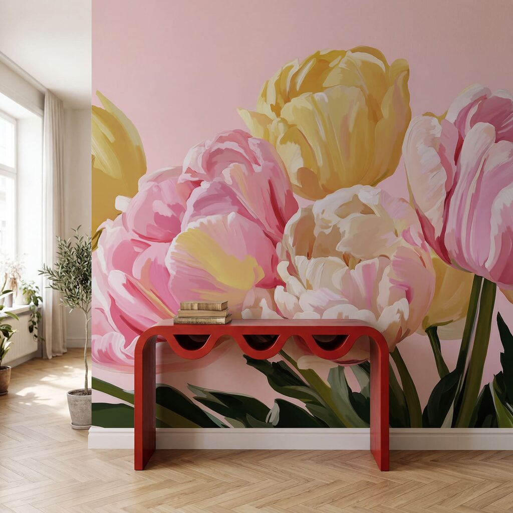 Ein Armvoll Tulpen in einem Interieur